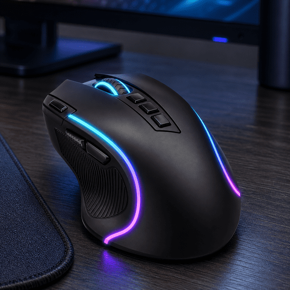 Tri-Mode Gaming Mouse with 8000 DPI, Rapid Fire Key, 9 Programmable Buttons, 6 RGB Modes, 1000Hz Polling Rate, 75-Hour Battery Life, and Contoured Thumb Rest for Right-Handed Gaming and Work
