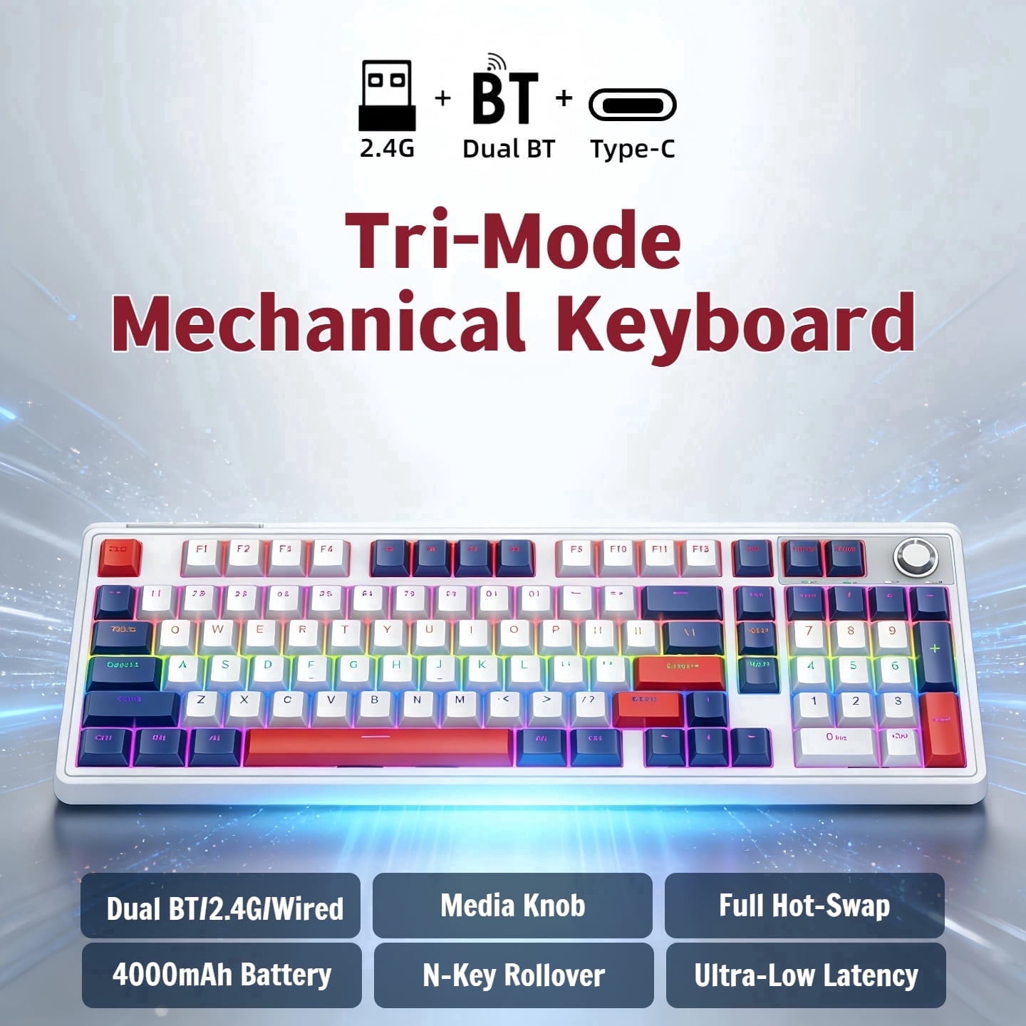 Tri-Mode Wireless Mechanical Gaming Keyboard, 99-Key + Knob, Dual Bluetooth+2.4G+Wired, 4000mAh, Hot-Swappable RGB, for PC/Laptop/Tablet/Xbox/PS5 - White & Blue