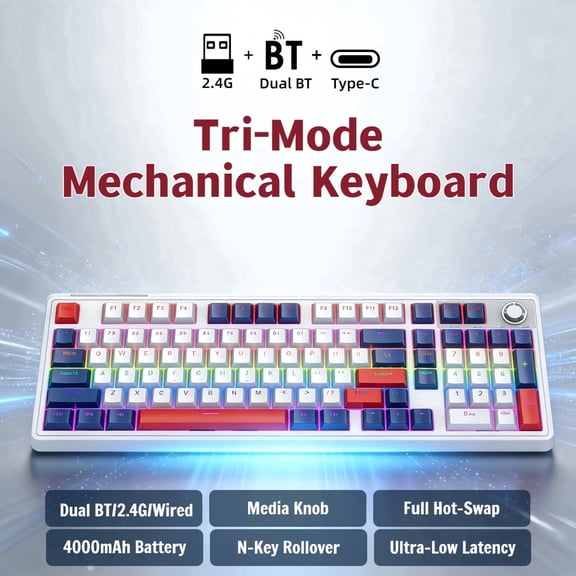 Tri-Mode Wireless Mechanical Gaming Keyboard, 99-Key + Knob, Dual Bluetooth+2.4G+Wired, 4000mAh, Hot-Swappable RGB, for PC/Laptop/Tablet/Xbox/PS5 - White & Blue