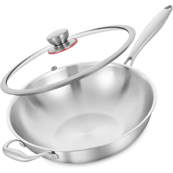 Tri-Ply 13 Inch Stainless Steel Wok Pan with Lid, Stir-Frying Pan,Induction Cooking Pan,Dishwasher and Oven Safe,Heavy Duty and Detachable handle