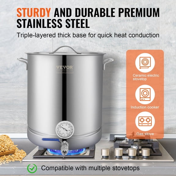 Tri Ply Bottom Stainless Steel Beer Brew Kettle, 16 Gallon Capacity with Lid, Handle, Thermometer, Ball Valve Spigot, Filter & Tray for Home Brewing Supplies