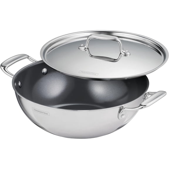 Tri-Ply Clad Stainless Steel 4-Quart Kadai with Lid and Ceramic Non Stick Interior, Induction-Ready Large Kadhai Pot for Indian Cooking