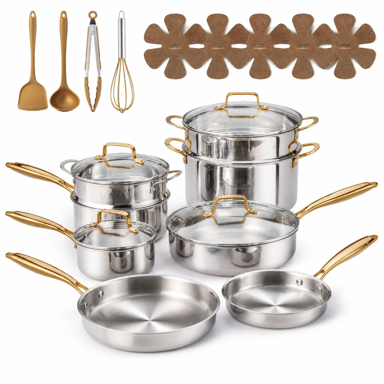 Tri-Ply Stainless Steel Cookware Set, 21 PCS Pots and Pans, Gold ...