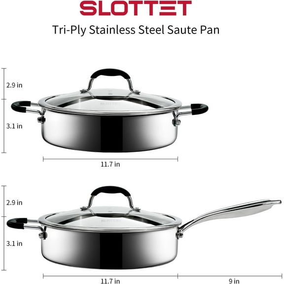 Tri-Ply Stainless Steel Saute Pan with Steamer, 5 Quart Deep Sauté Pan with Lid and Stay Cool Handle