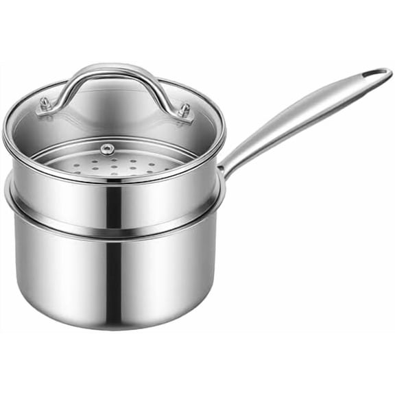 Tri-Ply Steamer for Cooking - Stainless Steel 3 Qt Saucepan with Lid, Medium Kitchen Induction Cooking Pot with Vegetable Food Steamer Basket, Non Stick Sauce Pan with Stay-Cool Handle