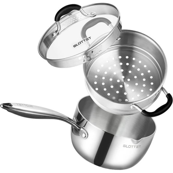 Tri-Ply Whole-Clad Stainless Steel Saucepan with Steamer,2.5 Qt Small Multipurpose Pot with Pour Spout,Strainer Glass Lid, 2 Quart Sauce Pan for Cooking with Stay-cool Handle