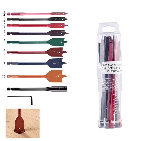 Tri-Point Paddle Bit Set, 10-Piece Flat Wood Drill Bits with Precision Cutting Edges for Woodworking, DIY, Furniture Projects