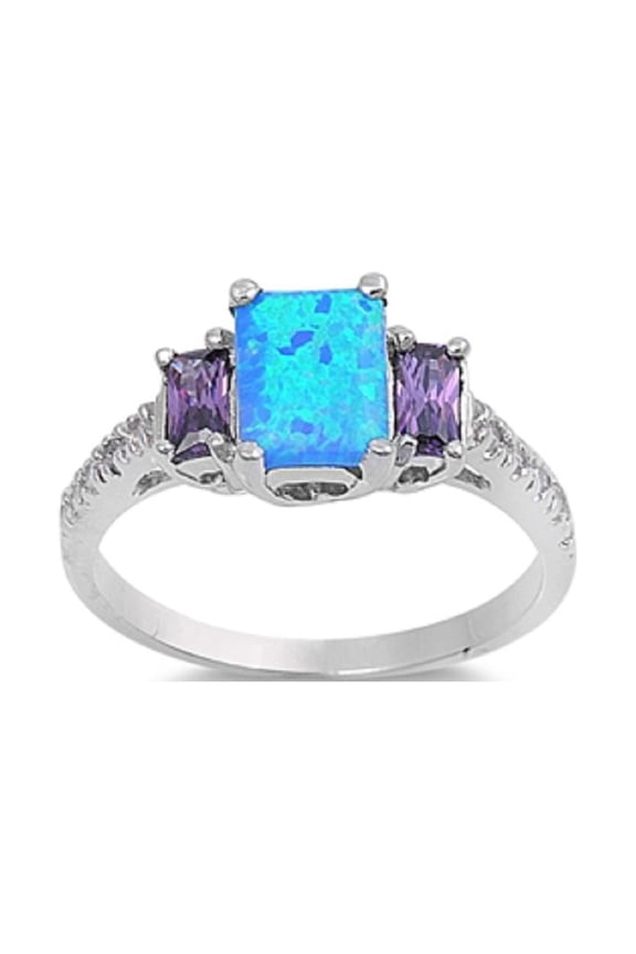 Tri Rectangular Simulated Amethyst Cubic Zirconia Blue Simulated Opal Ring Sterling Silver Size 5