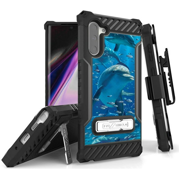Tri-Shield [ADORABLE ANIMAL SERIES] Rugged Case Metal Kickstand Cover + Belt Clip Holster [DOLPHIN DESIGN] for Samsung Galaxy Note 10 Phone (SM-N970, SM-N971)