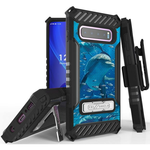 Tri-Shield [ADORABLE ANIMAL SERIES] Rugged Case Metal Kickstand Cover + Belt Clip Holster [DOLPHIN DESIGN] for Samsung Galaxy S10 Phone (SM-G973)