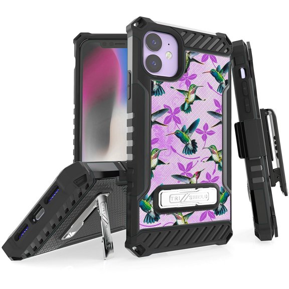 Tri-Shield [ADORABLE ANIMAL SERIES] Rugged Case Metal Kickstand Cover + Belt Clip Holster [HUMMINGBIRDS DESIGN] for Apple iPhone 11 (2019, 6.1" Model)