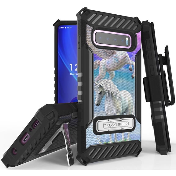 Tri-Shield [ADORABLE ANIMAL SERIES] Rugged Case Metal Kickstand Cover + Belt Clip Holster [UNICORN DESIGN] for Samsung Galaxy S10 Phone (SM-G973)