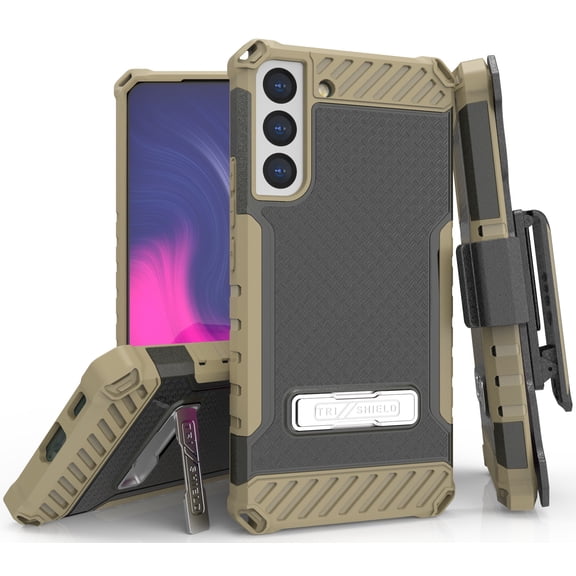 Tri-Shield Combination for Samsung Galaxy S22 5G Case, Nakedcellphone [Military Grade] Rugged Cover with Metal Kickstand [Includes Wrist Strap Lanyard + Belt Clip Holster] - Brown