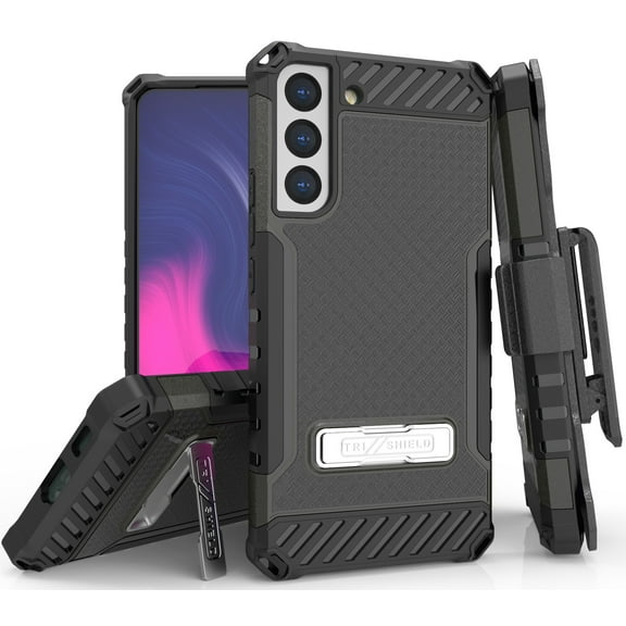 Tri-Shield Combination for Samsung Galaxy S22 Plus 5G Case, Nakedcellphone [Military Grade] Rugged Cover with Metal Kickstand [Includes Wrist Strap Lanyard + Belt Clip Holster]