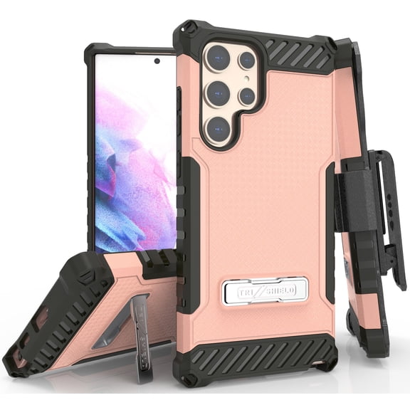 Tri-Shield Combination for Samsung Galaxy S22 Ultra 5G Case, Nakedcellphone [Military Grade] Rugged Cover with Metal Kickstand [Includes Wrist Strap Lanyard + Belt Clip Holster]