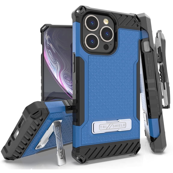 Tri-Shield Combination for iPhone 13 Pro Max Case, Nakedcellphone [Military Grade] Rugged Cover with Metal Kickstand [Includes Wrist Strap Lanyard + Belt Clip Holster]