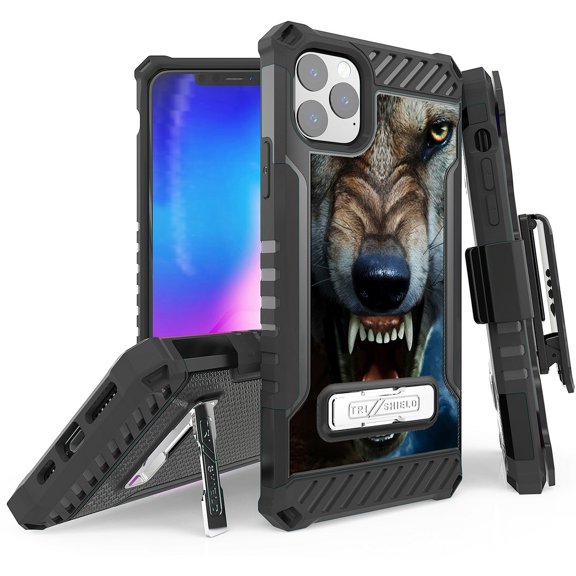 Tri-Shield [FIERCE CREATURE SERIES] Rugged Case Metal Kickstand Cover + Belt Clip Holster [ANIMAL DESIGN] for Apple iPhone 11 Pro (2019, 5.8" Model)