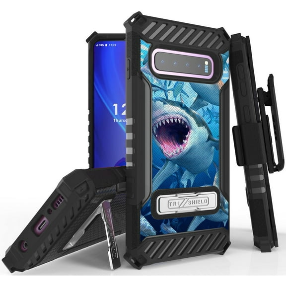 Tri-Shield [FIERCE CREATURE SERIES] Rugged Case Metal Kickstand Cover + Belt Clip Holster [SHARK DESIGN] for Samsung Galaxy S10 Plus Phone (SM-G975) s10+
