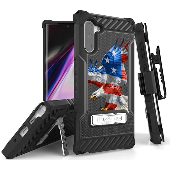 Tri-Shield [PATRIOTIC SERIES] Rugged Case Metal Kickstand Cover + Belt Clip Holster [USA PRIDE DESIGN] for Samsung Galaxy Note 10 Phone (SM-N970, SM-N971)