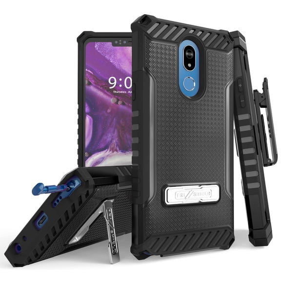 Black Tri-Shield Rugged Case Cover and Belt Clip Holster [with Metal Kickstand + Wrist Strap Lanyard] for LG Stylo 5, Stylus-5