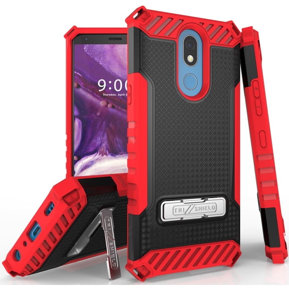 Red Tri-Shield Rugged Case Cover [with Metal Kickstand + Wrist Strap Lanyard] for AT&T LG Xpression Plus 2 Phone (LMX420)