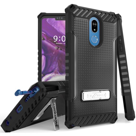 Black Tri-Shield Rugged Case Cover [with Metal Kickstand + Wrist Strap Lanyard] for LG Stylo 5, Stylus-5