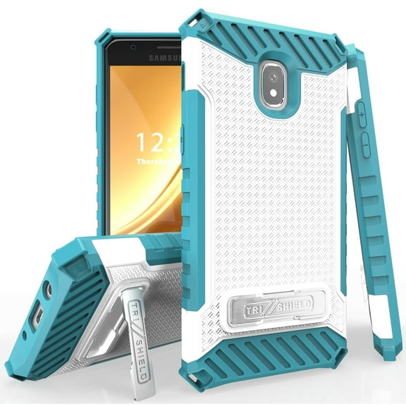 Tri-Shield Series Compatible with Galaxy Express Prime-3/Amp Prime-3 Case, White/Turquoise Rugged Cover [with Metal Kickstand + Wrist Strap]