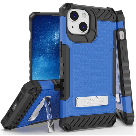 Tri-Shield Series for iPhone 13 Case, Tri-Shield [Military Grade] Rugged Cover with Metal Kickstand [Includes Wrist Strap Lanyard]