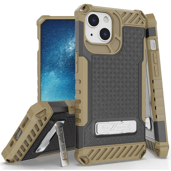 Tri-Shield Series for iPhone 13 Case, Tri-Shield [Military Grade] Rugged Cover with Metal Kickstand [Includes Wrist Strap Lanyard] - Brown