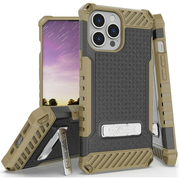 Tri-Shield Series for iPhone 13 Pro Max Case, Tri-Shield [Military Grade] Rugged Cover with Metal Kickstand [Includes Wrist Strap Lanyard] - Brown