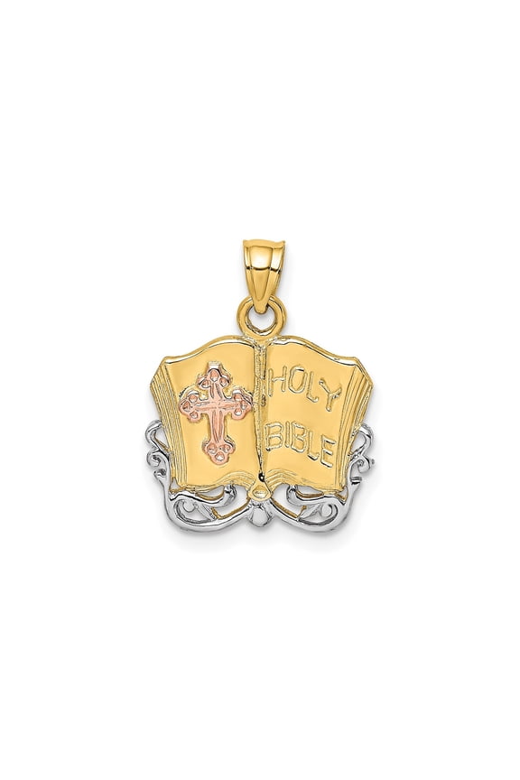 14k Multi-Tone Gold Open Holy Bible Cross Pendant Charm, Religious Christian Jewelry