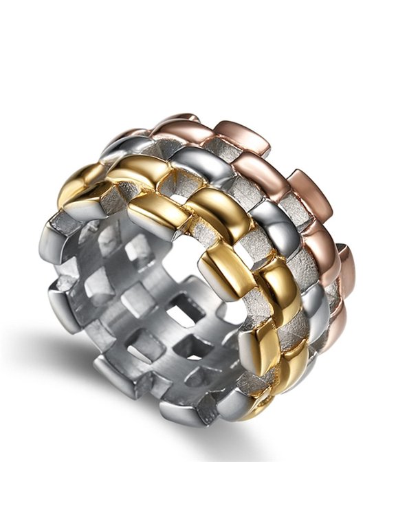 Tri Tone Interlocking Chain Link Wide Band Ring For Men Women 14K White Gold Filled Industrial Chic Jewelry