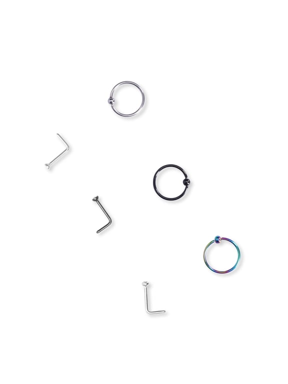 Tri Tone Nose Ring Set with 3 Studs,3 Hoops, Multi-Color, 6-Piece