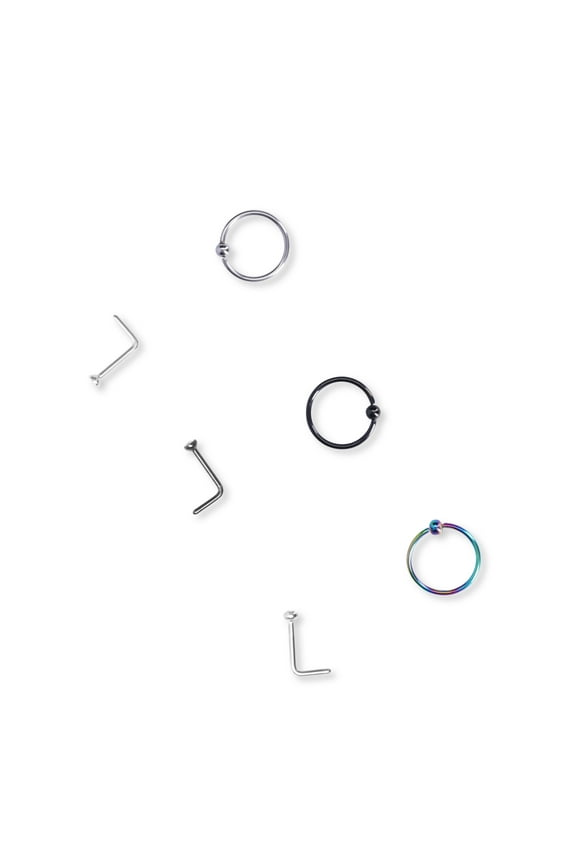 Tri Tone Nose Ring Set with 3 Studs,3 Hoops, Multi-Color, 6-Piece
