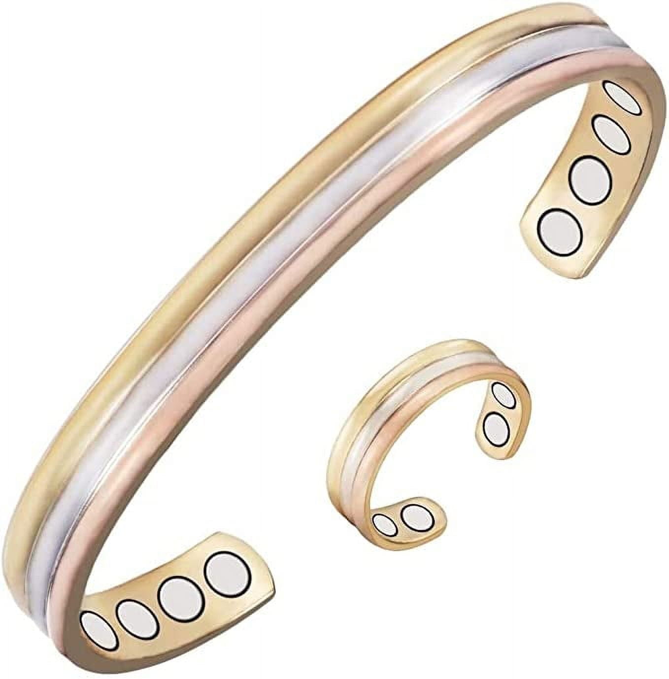 WOLLET Tri Tone Pure Copper Jewelry Sets, Magnetic Copper Bracelets 6.5'' , Copper Rings 2.3'', Health Jewelry Gift Set for Women