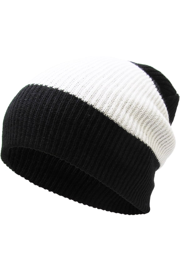 Tri-Tone Slouch Beanie Snug Baggy Fit Skull Cap Winter Hat Ski