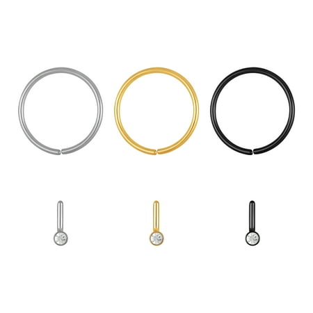 Tri Tone Stud & Hoop Nose Ring Set, Silvertone/Stainless Steel, 6-Piece