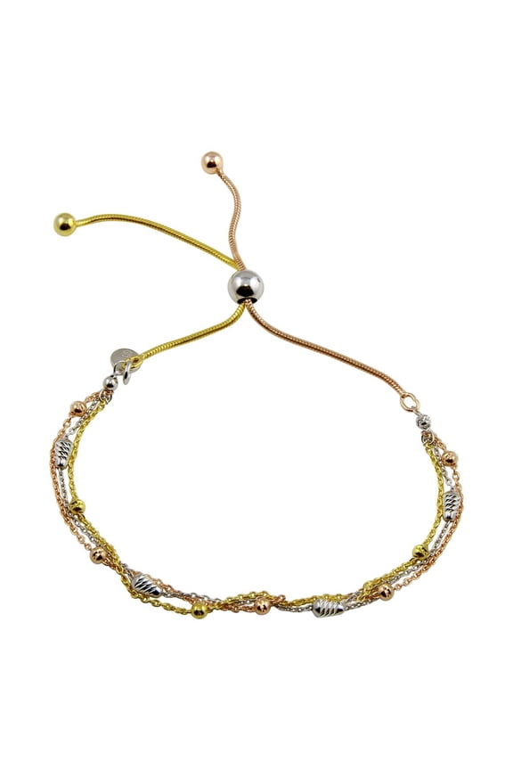 Tri-Toned Plated Sterling Silver Chains Bar & Bead Lariat Bracelet