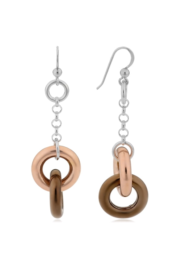 KoolJewelry Tricolor Sterling Silver Interlocking Circles Dangle Earrings
