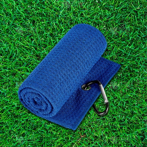 Tri-fold Golf Towel - 16" X 16" in - Premium Microfiber Fabric, Waffle Pattern, with Heavy Duty Carabiner Clip for Men and Women - Blue