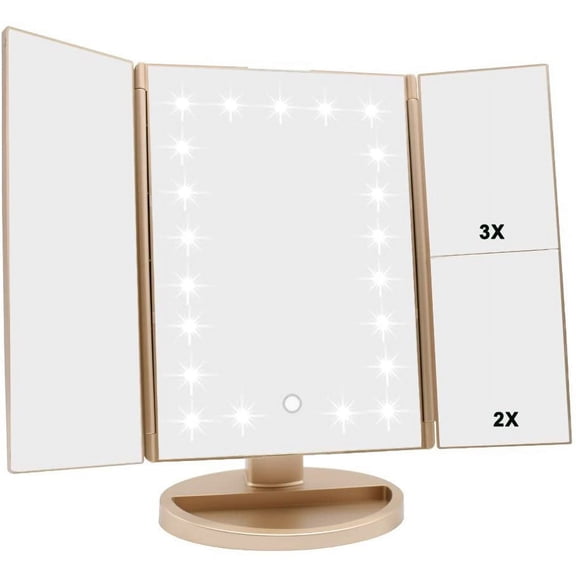Tri-fold Lighted Vanity Makeup Mirror with 3x/2x/1x Magnification, 21Leds Light and Touch Screen,180 Degree Free Rotation Countertop Cosmetic Mirror,Travel Makeup Mirror (Gold)