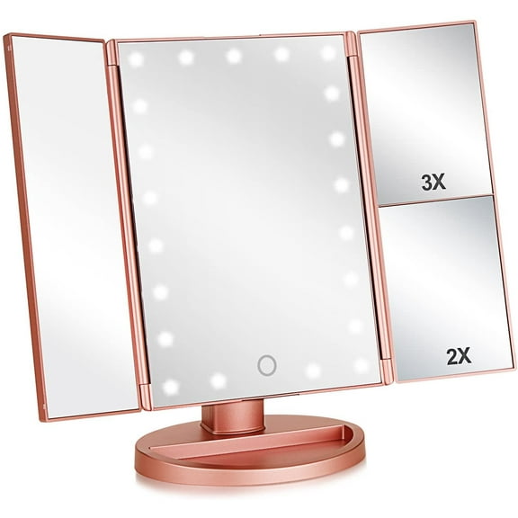 Tri-fold Lighted Vanity Makeup Mirror with 3x/2x Magnification,21 LEDs Light and Touch Screen,180 Degree Free Rotation Countertop Cosmetic Mirror,Travel (Rose Gold)