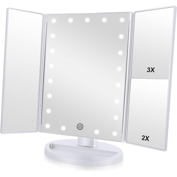 Tri-fold Lighted Vanity Makeup Mirror with 3x/2x Magnification,Light up for Makeup,Touch Screen 21 LEDs,180 Rotation Countertop Cosmetic Mirror,Gifts Women Mom Teen Girls