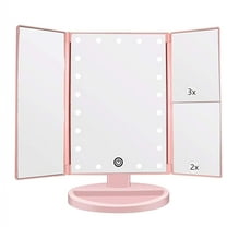 Tri-fold Lighted Vanity Makeup Mirror with 3x/2x/1x Magnification, 21Leds Light and Touch Screen,Portable LED Travel Makeup Mirror, Women Gift(Pink)