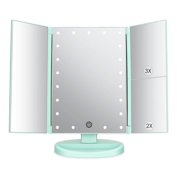 Tri-fold Lighted Vanity Tabletop Mount Mirror With 21 Led Lights Touch Screen And 3x/2x/1x Magnification Two Power Supply Mode Make Up Travel