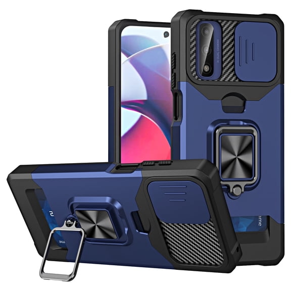 Tri-layer Case for Motorola Moto G Play 2023, Rugged PC Back Shockproof TPU Bumper Slide Window Rotating Kickstand Card Slots Magnetic Car Mount Heavy Duty Protective Cover, Navy