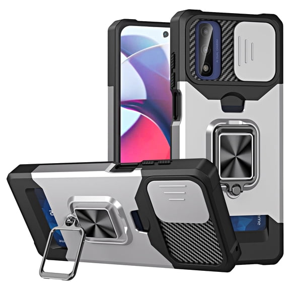Tri-layer Case for Motorola Moto G Play 2023, Rugged PC Back Shockproof TPU Bumper Slide Window Rotating Kickstand Card Slots Magnetic Car Mount Heavy Duty Protective Cover, Silver
