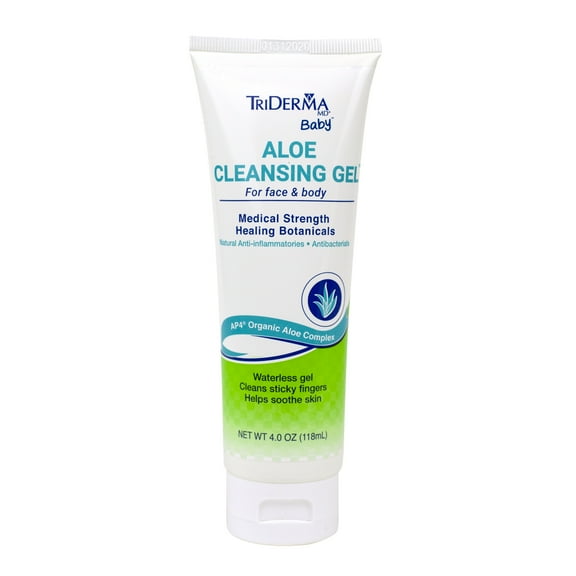 TriDerma Baby Aloe Cleansing Gel, Waterless Cleanser Helps Soothe and Clean Face, Sensitive Skin, Sticky Fingers, or Bottom, Perfect for Diaper Bag or On-the-Go, Aloe Vera Gel, Fragrance Free 4 oz