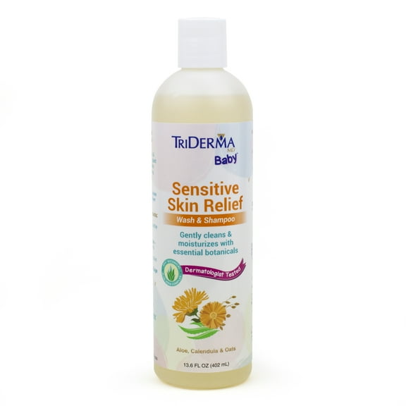 TriDerma Sensitive Skin Relief Baby Shampoo and Body Wash - Soothing Calendula, Aloe, Oats, Chamomile 2-in-1 Delicate Skin Cleansing for All Ages - SLS, Fragrance and Paraben-Free - 13.6 oz