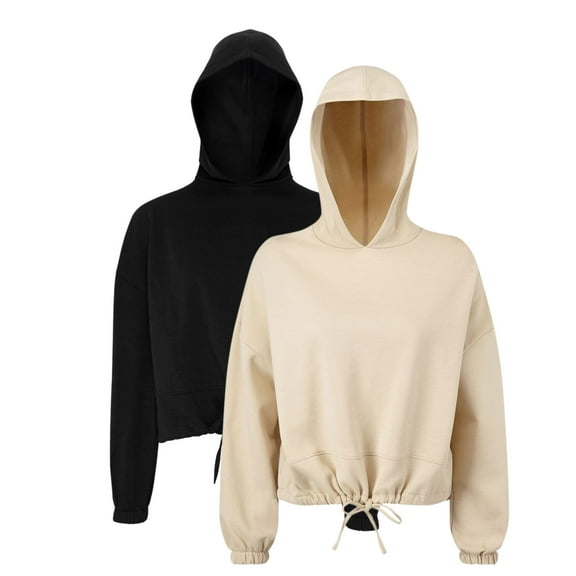 TriDri Women's Cropped Maria Hooded Sweatshirt, 60/40 Recycled Polyester Winter Long Fleece Pullover (Black Nude 2 Pack, XS)